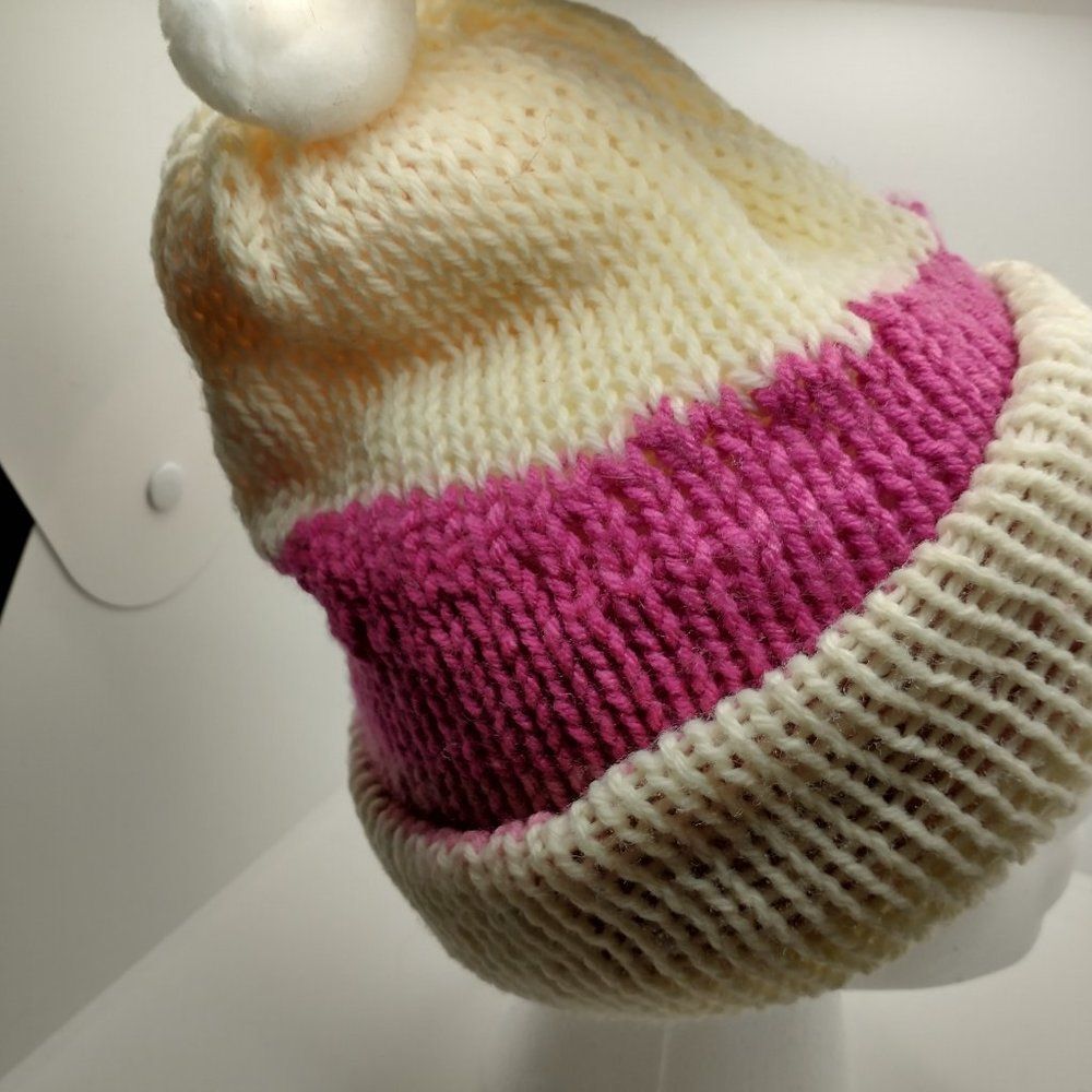 Hand Crafted Knit Unisex Hat Pink Ivory Winter Warm Beanie Slouchy Ski Cap
